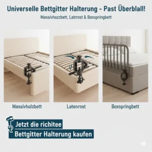 Die universelle bettgitter halterung kaufen passt perfekt für Standardbetten, Boxspringbetten und massive Holzbetten.