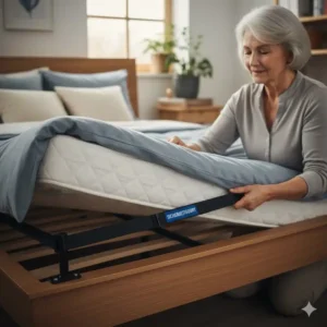 Detail der sicheren Montage des bestes bettgitter senioren test mit einem Sicherheitsgurt.