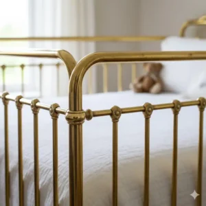 Elegantes bettgitter design vintage aus poliertem antikem Messing, passend für ein klassisches Bett.