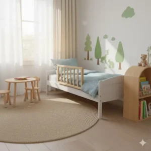 Harmonisches Kinderzimmer mit passendem bettgitter holz natur Design.