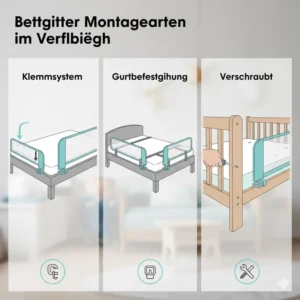 Vergleich der Montagearten für Bettgitter: Klemmsystem, Gurtbefestigung und fest verschraubte Varianten.