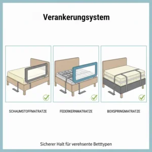 Verankerungssystem des Bettgitter Sicherheitszubehörs unter verschiedenen Matratzentypen für rutschfesten Halt.