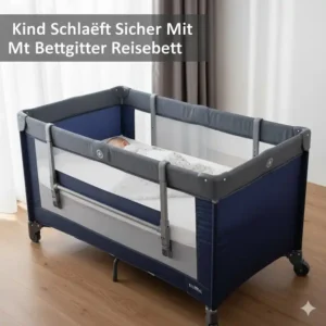 Ein Kleinkind schläft geschützt hinter dem bettgitter reisebett höhenverstellbar in einer sicheren Schlafumgebung.
