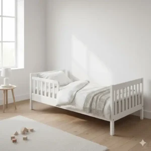 Komplettes Kinderbett mit einem minimalistischen Bettgitter Design, das Sicherheit bietet, ohne aufdringlich zu wirken.