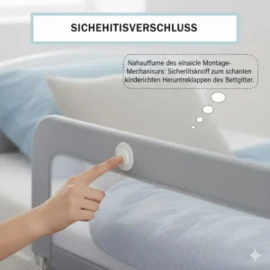 Nahaufnahme des Mechanismus: Der Verschluss ermöglicht das leichte Herunterklappen der Bettgitter einfache Montage.