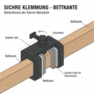 Nahansicht der festen und stabilen Klemmung durch das bettgitter befestigungsset