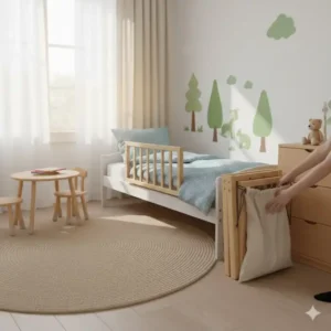 Platzsparendes bettgitter holz natur, ideal zum Zusammenklappen und Verstauen.