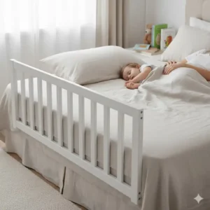 Langes bettgitter holz weiß als Schutz für das Kleinkind im Familienbett.