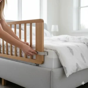 Detailaufnahme der sicheren Bettgitter Design Modern Montage an einem großen Familienbett. Zeigt Stabilität und einfache Handhabung.