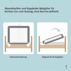 Absenkbares und klappbares bettgitter ohne bohren für leichten Ein- und Ausstieg.