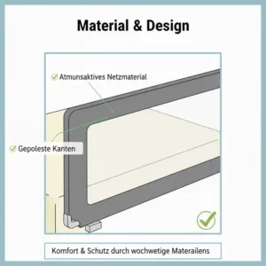 Atmungsaktives Netzmaterial und gepolsterte Kanten des Bettgitter Sicherheitszubehörs für optimale Sicherheit und Belüftung.