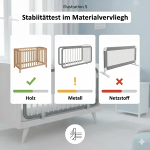 Grafische Darstellung eines Stabilitätstests im Bettgitter Materialvergleich zwischen Holz, Metall und Netzmodellen.