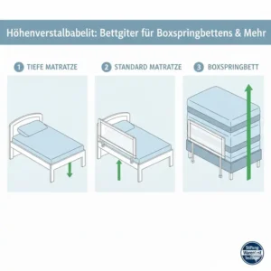 Höhenverstellbares Bettgitter für Boxspringbetten und verschiedene Matratzenhöhen – ein wichtiges Kriterium im Bettgitter Testsieger Stiftung Warentest Vergleich.