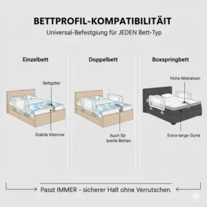 Ansicht aller passenden Bettarten: Die bettgitter befestigung universal ist mit Einzel- und Doppelbetten kompatibel.