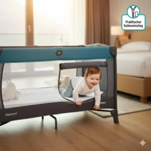 Praktischer Seiteneinstieg beim Reisebett günstig mit integriertem Bettgitter.