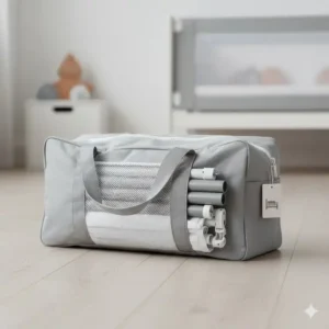 Das zerlegte bettgitter metall stabil verstaut in einer Tasche.