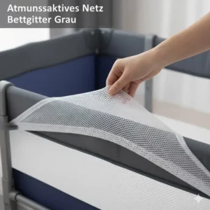 Das atmungsaktive Netzgewebe des bettgitter reisebett höhenverstellbar sorgt für gute Sichtbarkeit und Luftzirkulation.