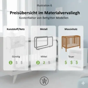 Preisübersicht: Kostenfaktor von Bettgitter Modellen im Materialvergleich (günstiger Kunststoff vs. teureres Massivholz).