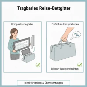 Kompaktes, tragbares Bettgitter als Reisezubehör, schnell zerlegbar für den Transport. Enthält Bettgitter Sicherheitszubehör.