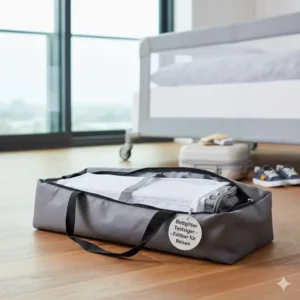 Faltbares Reise-Bettgitter, leicht zu transportieren in der mitgelieferten Tasche – hohe Flexibilität für unterwegs.