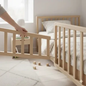 Detailansicht eines eleganten, minimalistischen Bettgitter Designs, das leicht zur Seite geschoben oder herausgenommen werden kann.