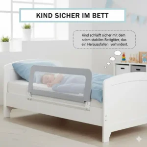 Ein Kind sicher im Bett dank dem stabilen Schutz der Bettgitter einfache Montage.