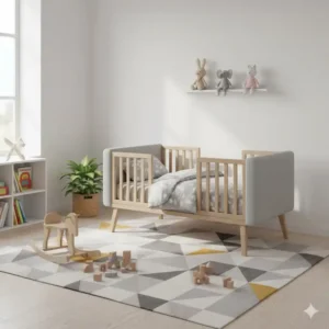 Vollständiges modernes Kinderzimmer mit Babybett, das ein stilvolles, fest integriertes Bettgitter Design Modern aufweist.