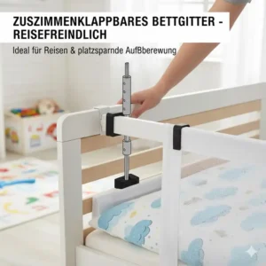 Das bettgitter befestigungsset in Verbindung mit einem klappbaren Reise-Schutzgitter