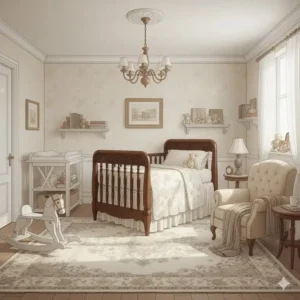 Gesamtszene eines vintage Kinderzimmers, in dem das bettgitter design gut sichtbar ist.