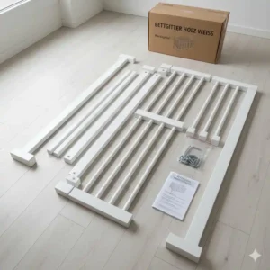 Alle Einzelteile und Montageanleitung für das bettgitter holz weiß.