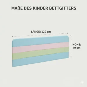 Maße und Größe des Kinder Bettgitters – Grafische Darstellung der Länge und Höhe des farbigen Sicherheitsgitters.