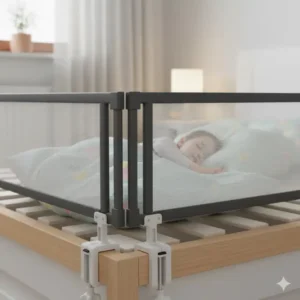 Ein Kind schläft sicher hinter dem stabilen bettgitter ohne bohren.