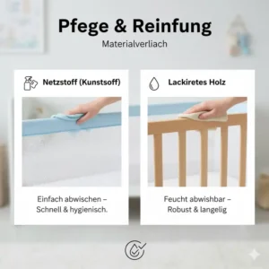 Pflegeleichte Bettgitter Oberfläche: Reinigungshinweise für Materialvergleich Modelle aus abwischbarem Netzstoff und lackiertem Holz.