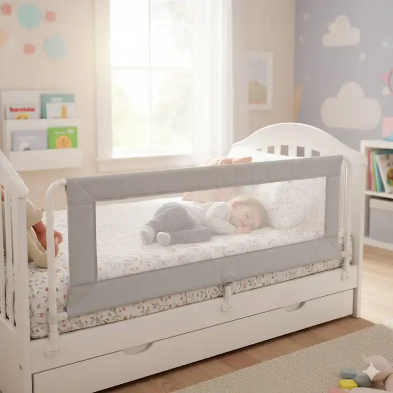 Ein montiertes bettgitter für kinderbett seitenschutz in einem modernen Kinderzimmer.