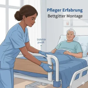 Ein Pfleger bei der korrekten Montage eines seitlichen bettgitter erfahrungen pfleger, um die Stabilität zu gewährleisten.