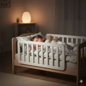 Kind schläft ruhig in seinem Bett, geschützt durch ein bettgitter empfehlung kinder für maximale Sicherheit.
