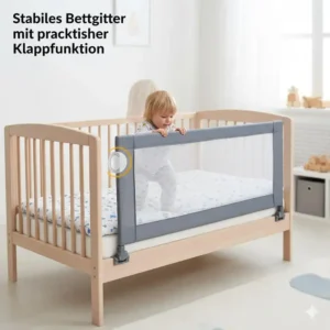 Detailansicht der einfachen Montage eines bettgitter gegen herausfallen kind am Kinderbettrahmen.