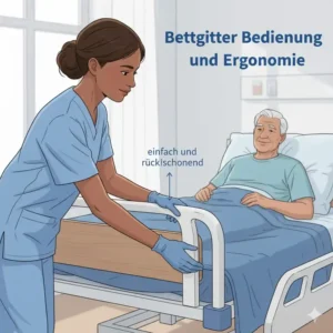 Die ergonomische Bedienung des bettgitter erfahrungen pfleger: Eine Pflegerin senkt das Seitengitter einfach ab.