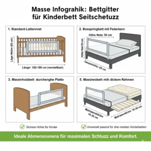 Infografik mit den Maßen für das bettgitter für kinderbett seitenschutz.