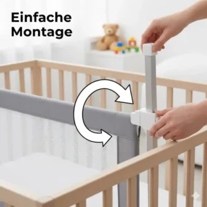 Detailansicht der einfachen Montage eines bettgitter gegen herausfallen kind am Kinderbettrahmen.
