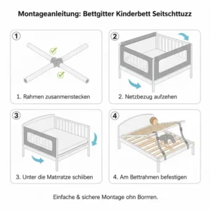 Anleitung zur einfachen Montage des bettgitter für kinderbett seitenschutz am Bettrahmen.
