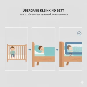 Kleinkind schläft sicher im großen Bett; das Bettgitter erleichtert den Übergang und die positiven Erfahrungen Eltern.