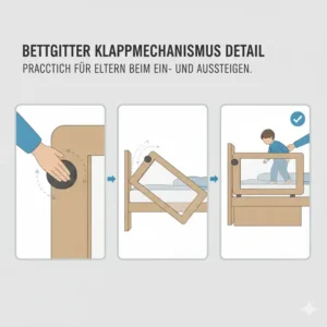 Detailaufnahme des Klappmechanismus eines Bettgitters, praktisch für Erfahrungen Eltern beim Ein- und Aussteigen.