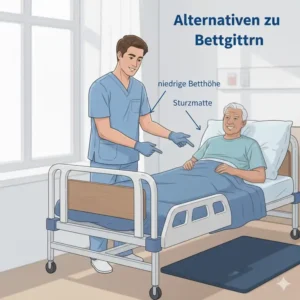 Alternativen und bettgitter erfahrungen pfleger im Vergleich: Darstellung einer Sturzmatte und niedriger Betthöhe.