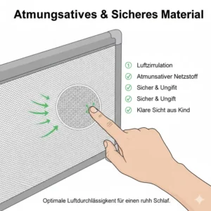 Detailansicht des atmungsaktiven Netzgewebes vom bettgitter für kinderbett seitenschutz.