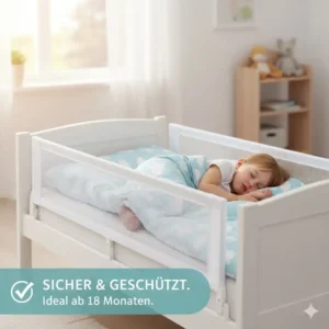 Ein Kleinkind schläft geschützt; beachten Sie die Altersbeschränkungen – ein wichtiger Bettgitter Tipp Sicherheit.