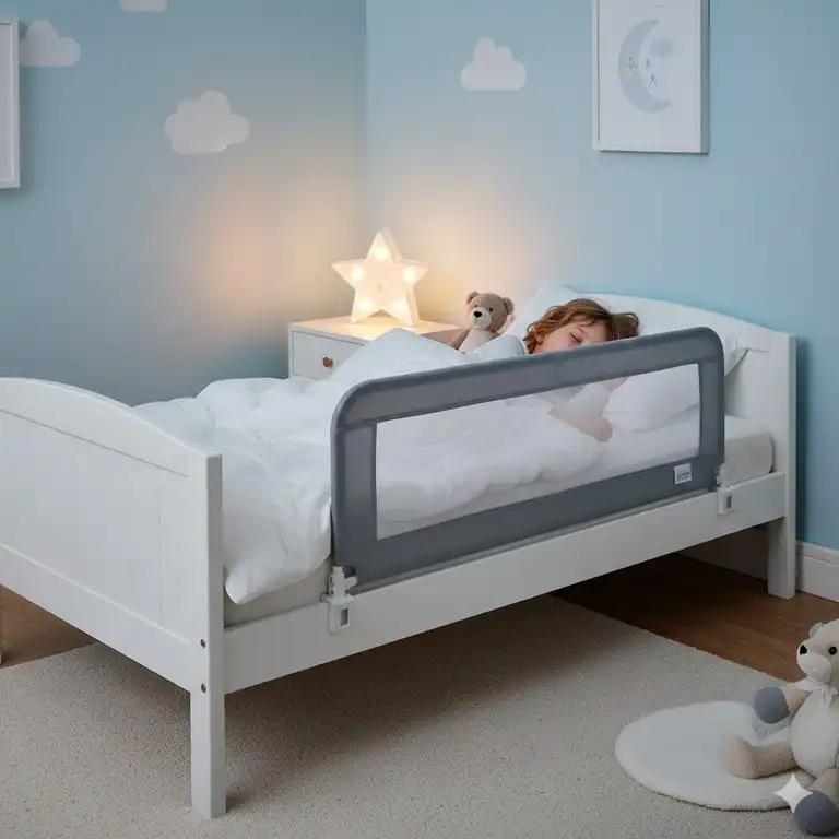 Ein stabiles bettgitter für unruhige kinder montiert an einem modernen Kinderbett für sicheren Schlaf.