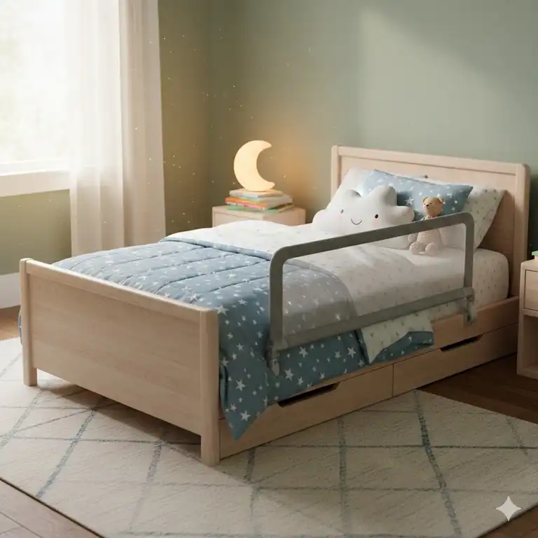 A toddler sleeping safely in a big bed with a bettgitter umstellung auf großes bett.