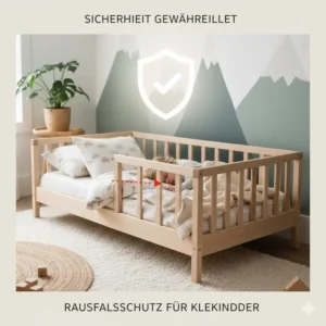 Illustration zur Sicherheit: Ein stabiles Bettgitter für Montessori Bett schützt das Kind.