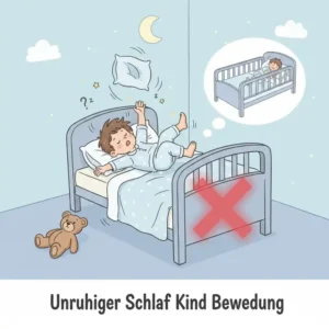 Illustration eines Kindes mit unruhigem Schlaf, das durch ein bettgitter für unruhige kinder geschützt wird.